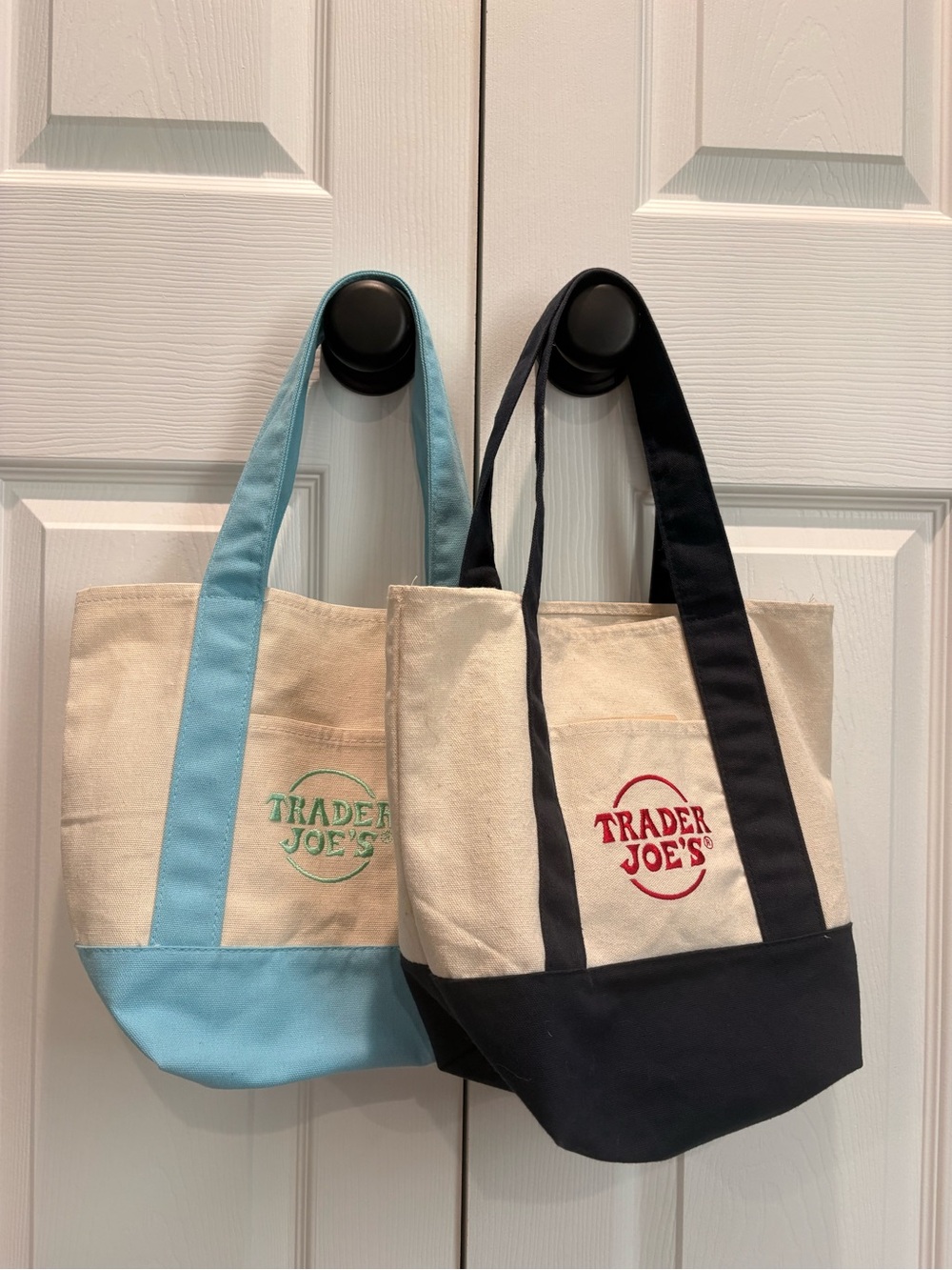 2 Trader Joe's Canvas Tote Bag - Cream with Navy and Light Blue Trim